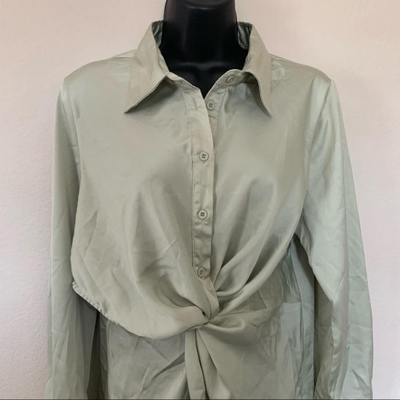 Princess Polly Sage Green Satin Long Sleeve Button Twist Cut Out Shirtdress - Picture 5 of 12